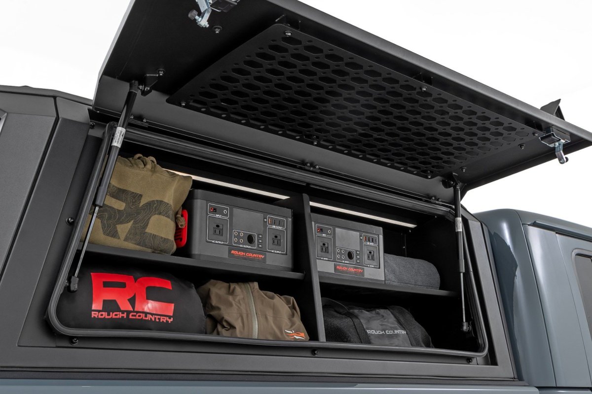 Jeep Gladiator JT Bed Cap Side Shelf Storage Bin - Passenger Side - Rough Country - Powder-Coated, Integrated LED Lighting - '20-'25